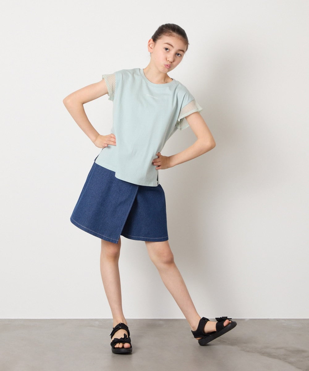 KJKGA24019 a.v.v KIDS(アー・ヴェ・ヴェ) [100-160]【接触冷感】シアーギンガムフレアスリーブＴシャツ ライトブルー