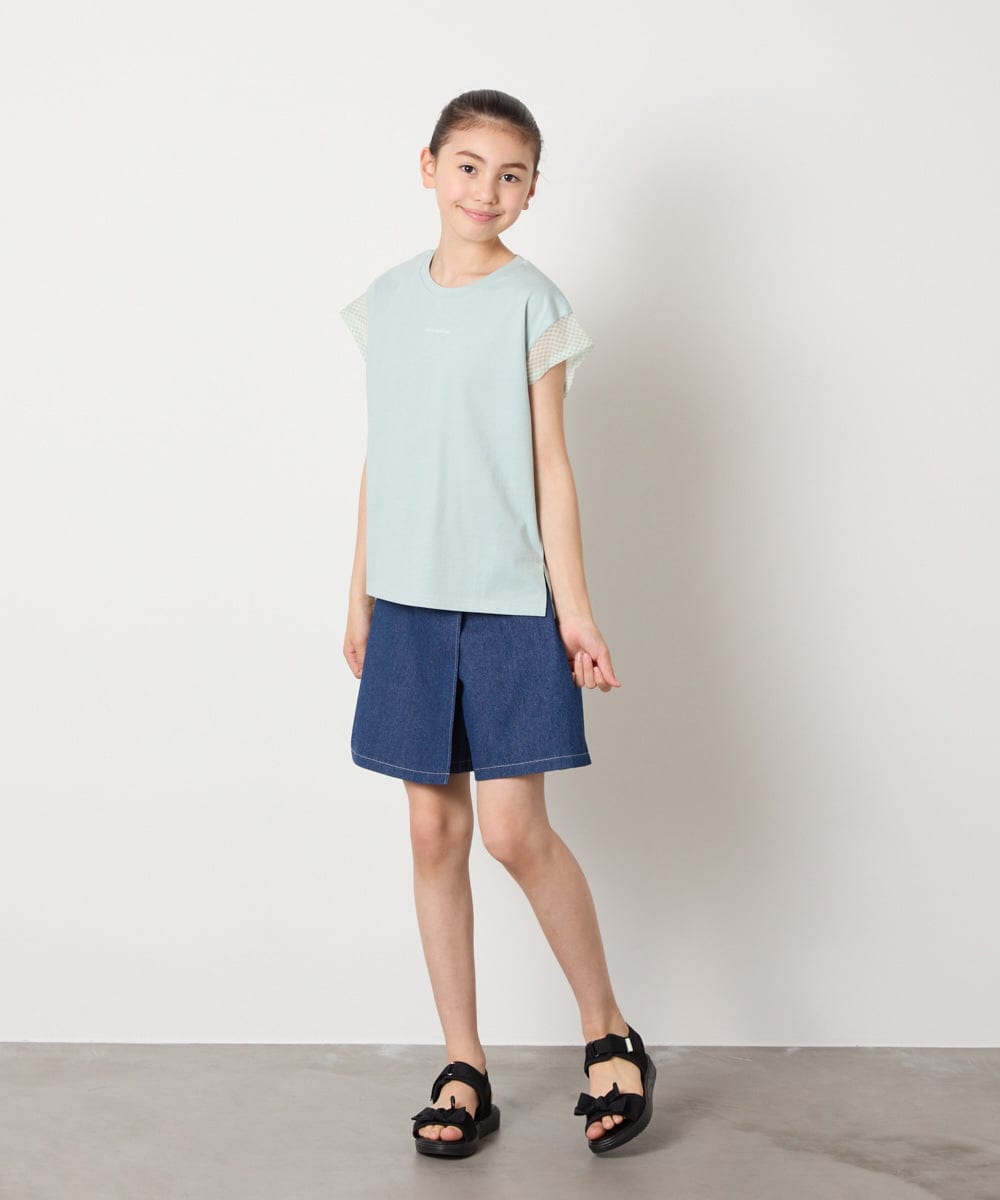 KJKGA24019 a.v.v KIDS(アー・ヴェ・ヴェ) [100-160]【接触冷感】シアーギンガムフレアスリーブＴシャツ ライトブルー