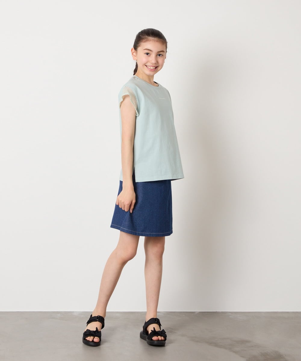 KJKGA24019 a.v.v KIDS(アー・ヴェ・ヴェ) [100-160]【接触冷感】シアーギンガムフレアスリーブＴシャツ ライトブルー