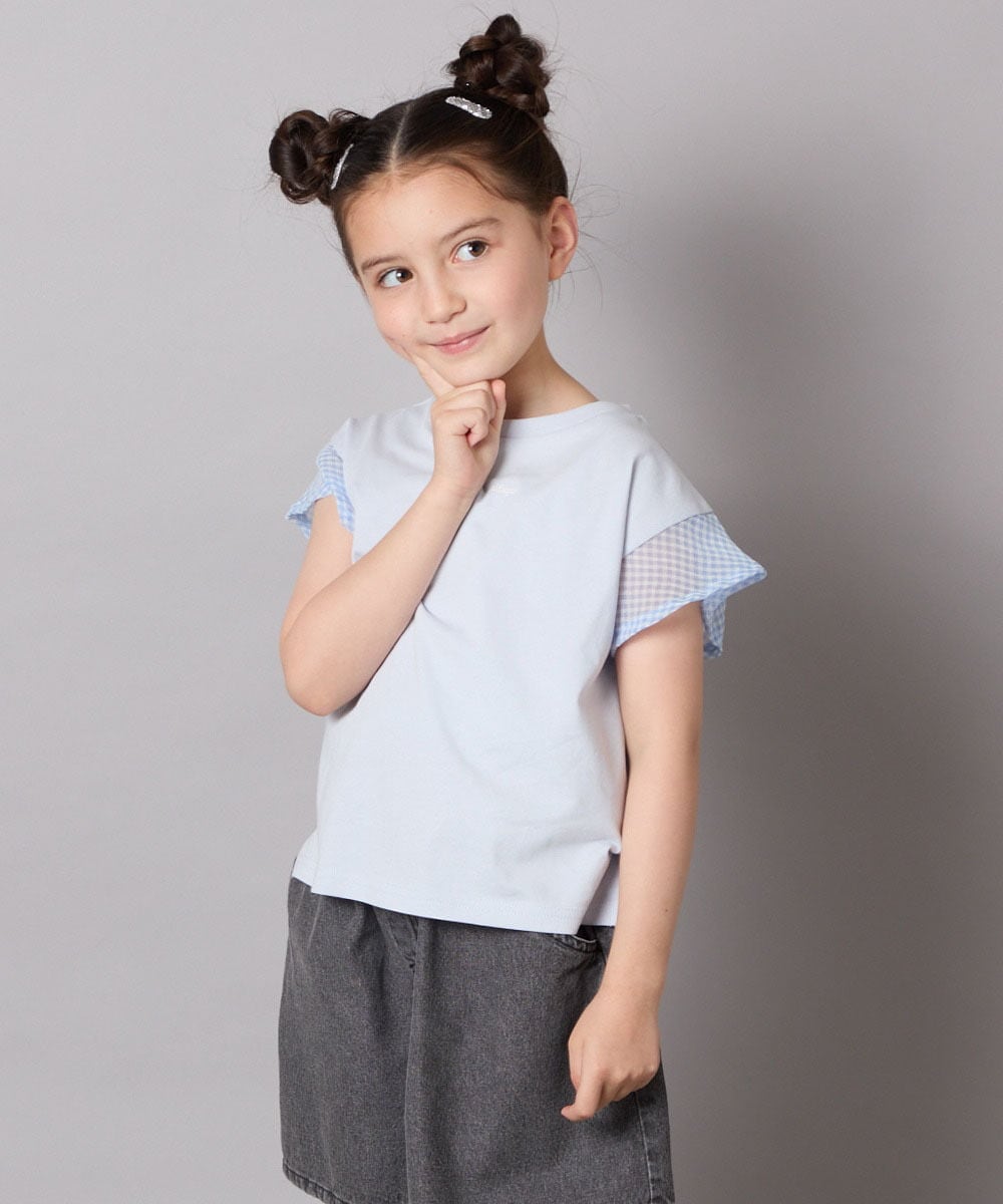KJKGA24019 a.v.v KIDS(アー・ヴェ・ヴェ) [100-160]【接触冷感】シアーギンガムフレアスリーブＴシャツ ライトブルー