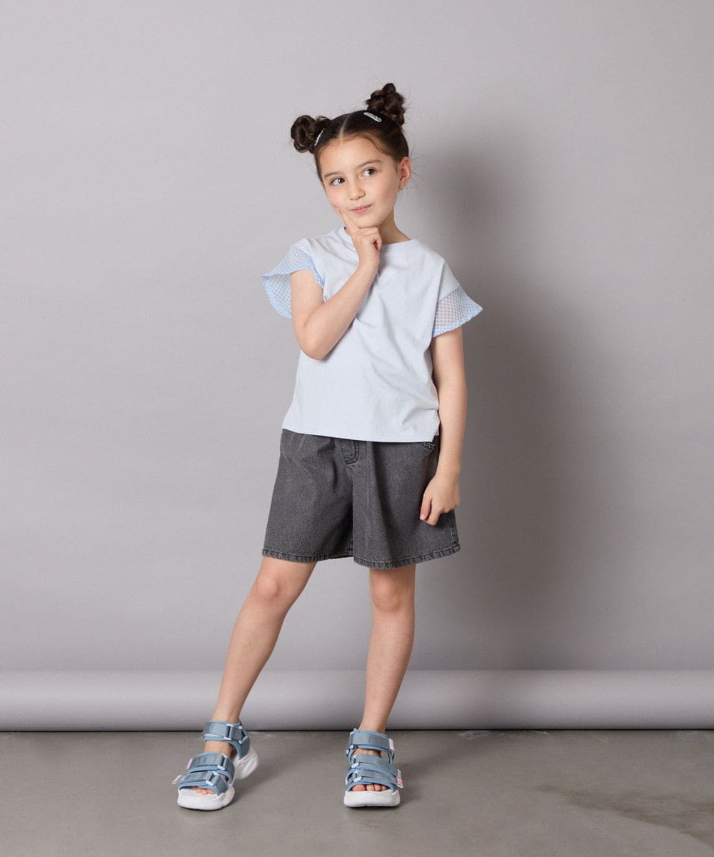 KJKGA24019 a.v.v KIDS(アー・ヴェ・ヴェ) [100-160]【接触冷感】シアーギンガムフレアスリーブＴシャツ ライトブルー