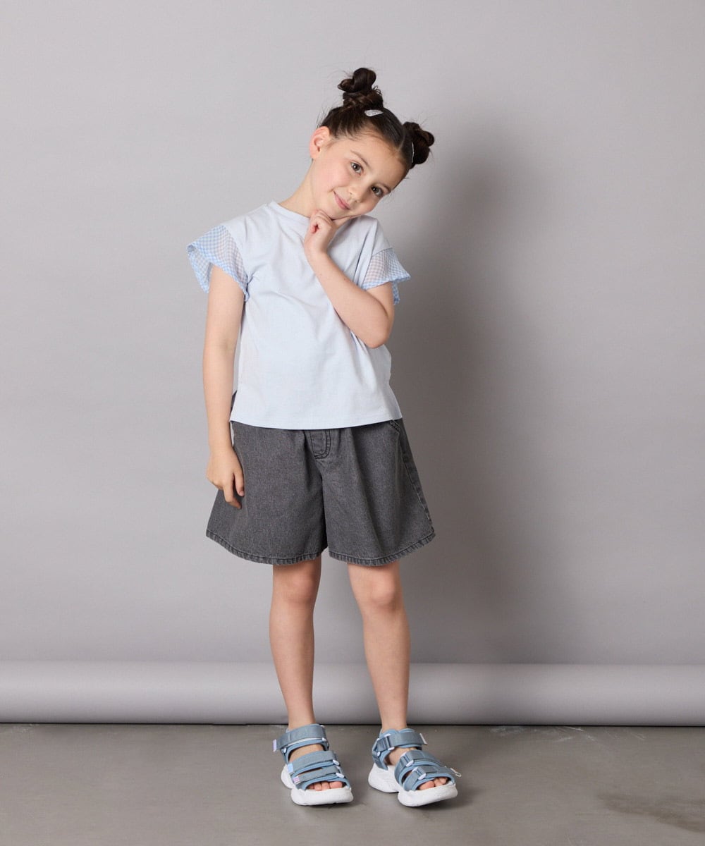KJKGA24019 a.v.v KIDS(アー・ヴェ・ヴェ) [100-160]【接触冷感】シアーギンガムフレアスリーブＴシャツ ライトブルー