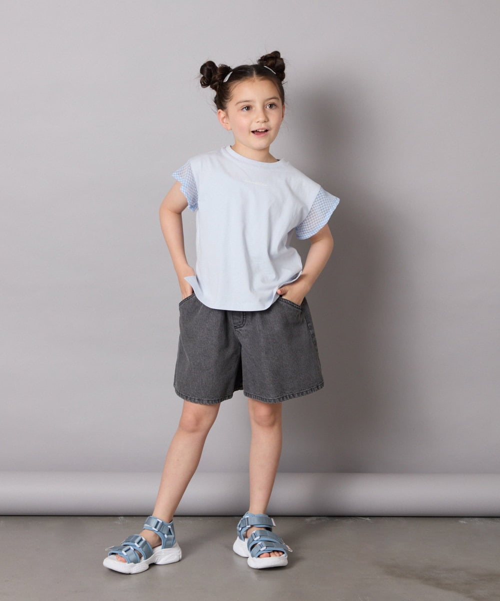 KJKGA24019 a.v.v KIDS(アー・ヴェ・ヴェ) [100-160]【接触冷感】シアーギンガムフレアスリーブＴシャツ ライトブルー