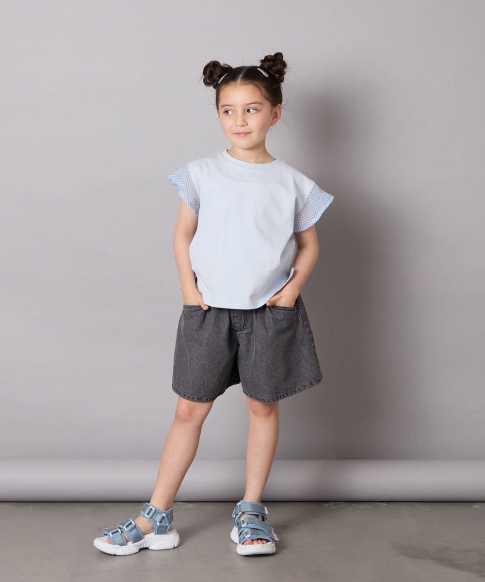 KJKGA24019 a.v.v KIDS(アー・ヴェ・ヴェ) [100-160]【接触冷感】シアーギンガムフレアスリーブＴシャツ ライトブルー