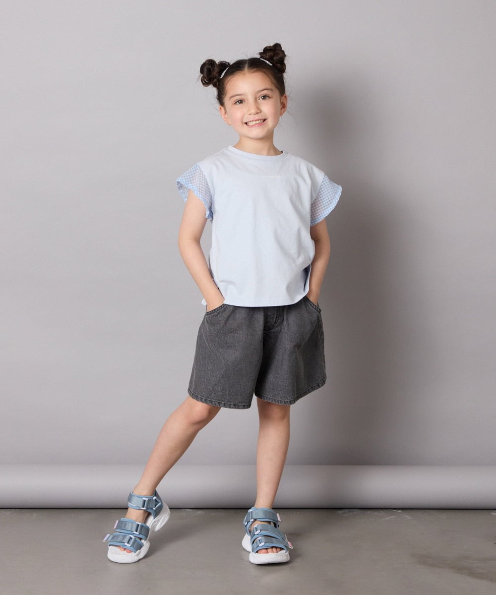 KJKGA24019 a.v.v KIDS(アー・ヴェ・ヴェ) [100-160]【接触冷感】シアーギンガムフレアスリーブＴシャツ ライトブルー