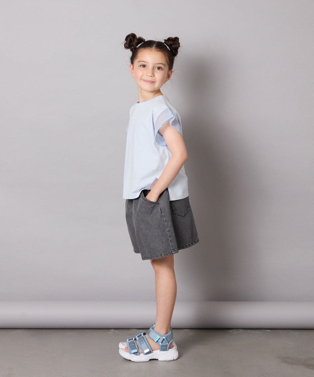 KJKGA24019 a.v.v KIDS(アー・ヴェ・ヴェ) [100-160]【接触冷感】シアーギンガムフレアスリーブＴシャツ ライトブルー