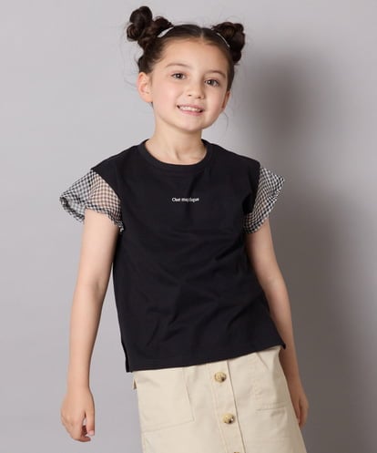 KJKGA24019 a.v.v KIDS [100-160]【接触冷感】シアーギンガムフレアスリーブＴシャツ