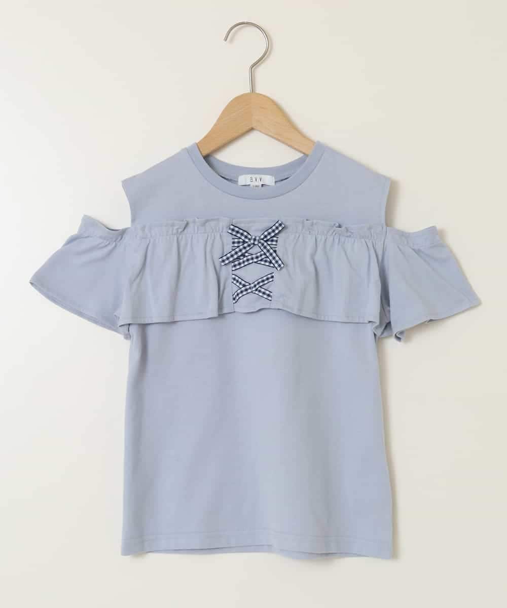 KJKGA51024 a.v.v KIDS(アー・ヴェ・ヴェ) [100-130]フリルオフショルTシャツ ライトブルー