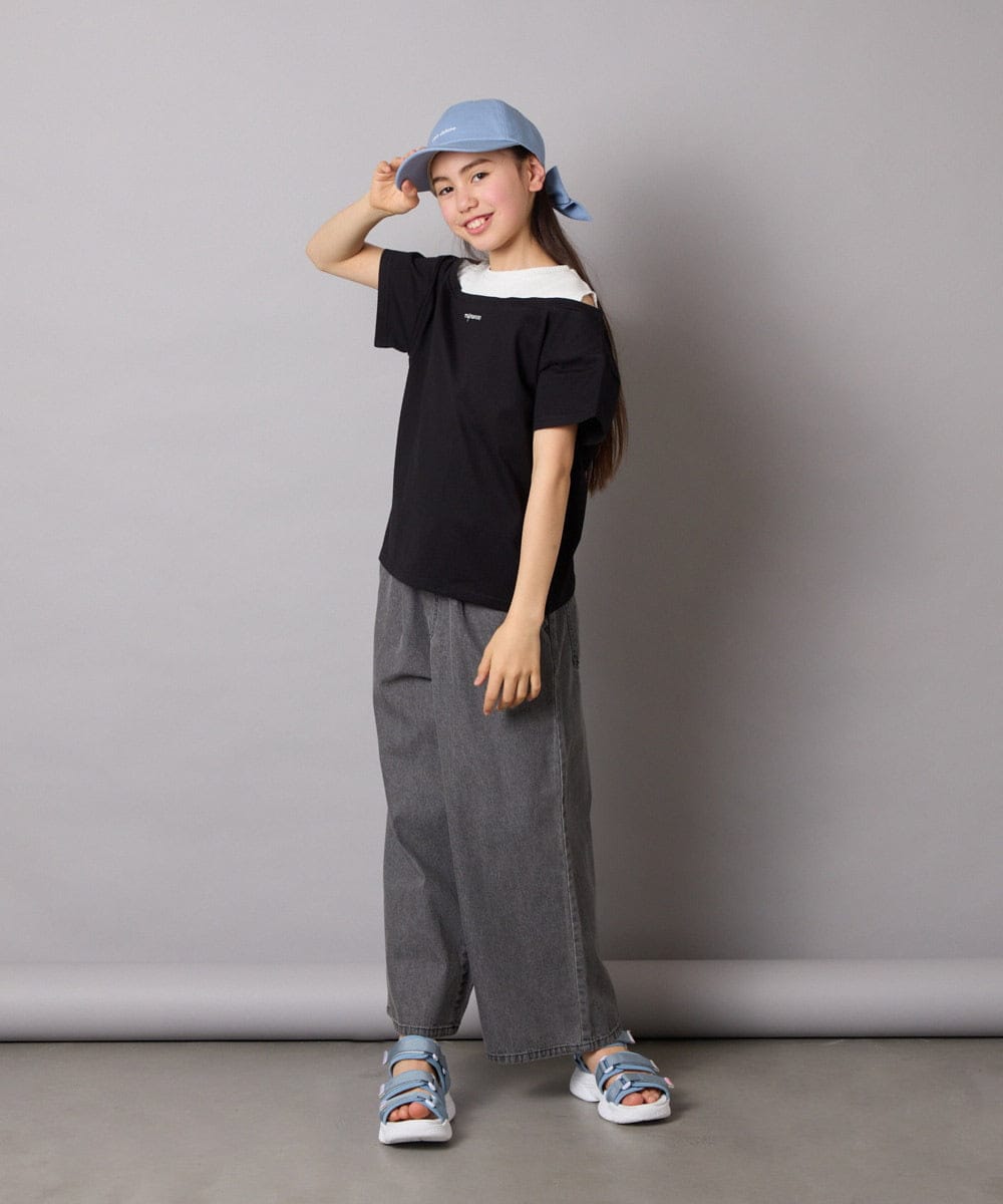 KJKGB03029 a.v.v KIDS(アー・ヴェ・ヴェ) [140-150]オフショルレイヤードロゴTシャツ ブラック