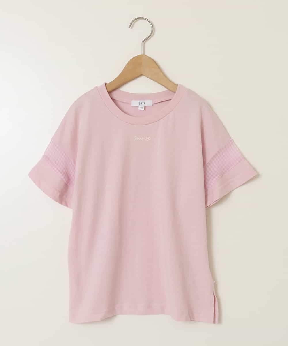 KJKGB23019 a.v.v KIDS(アー・ヴェ・ヴェ) [140-150]シアーギンガムキリカエスリーブＴシャツ ピンク