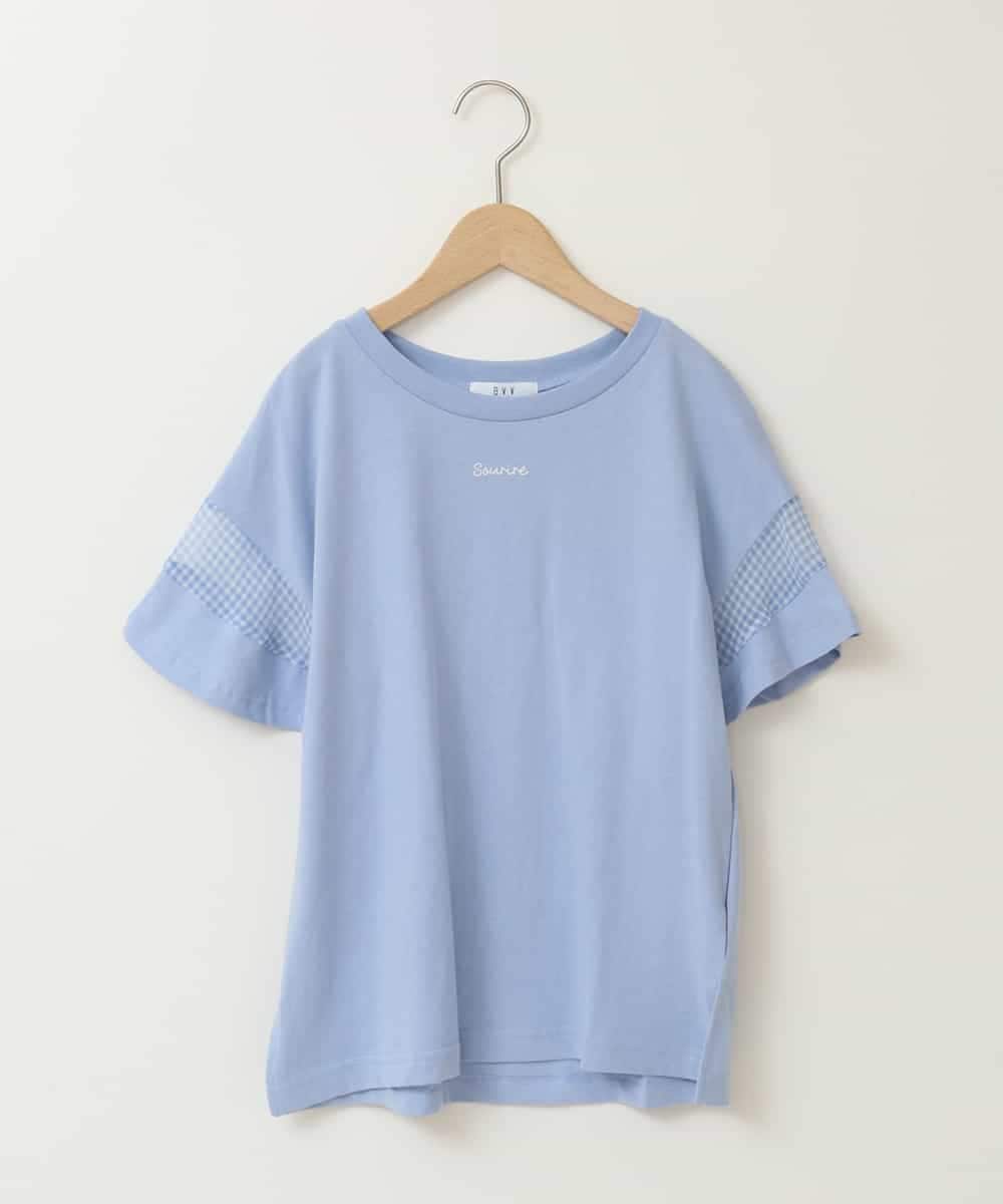 KJKGB23019 a.v.v KIDS(アー・ヴェ・ヴェ) [140-150]シアーギンガムキリカエスリーブＴシャツ ライトブルー
