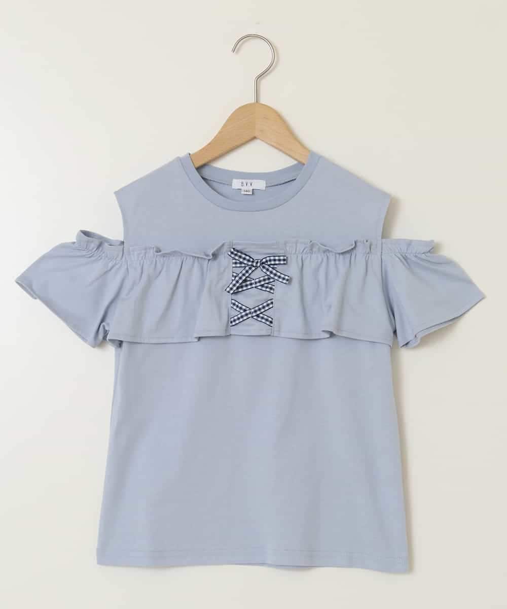 KJKGB51029 a.v.v KIDS(アー・ヴェ・ヴェ) [140-150]フリルオフショルTシャツ ライトブルー