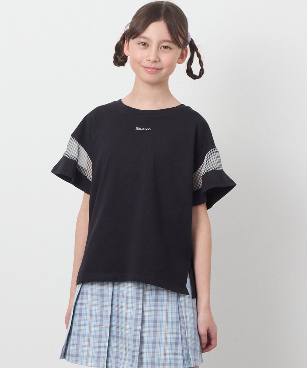 KJKGC23021 a.v.v KIDS(アー・ヴェ・ヴェ) [160]シアーギンガムキリカエスリーブＴシャツ ライトブルー