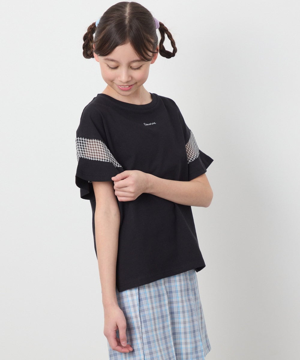 KJKGC23021 a.v.v KIDS(アー・ヴェ・ヴェ) [160]シアーギンガムキリカエスリーブＴシャツ ライトブルー