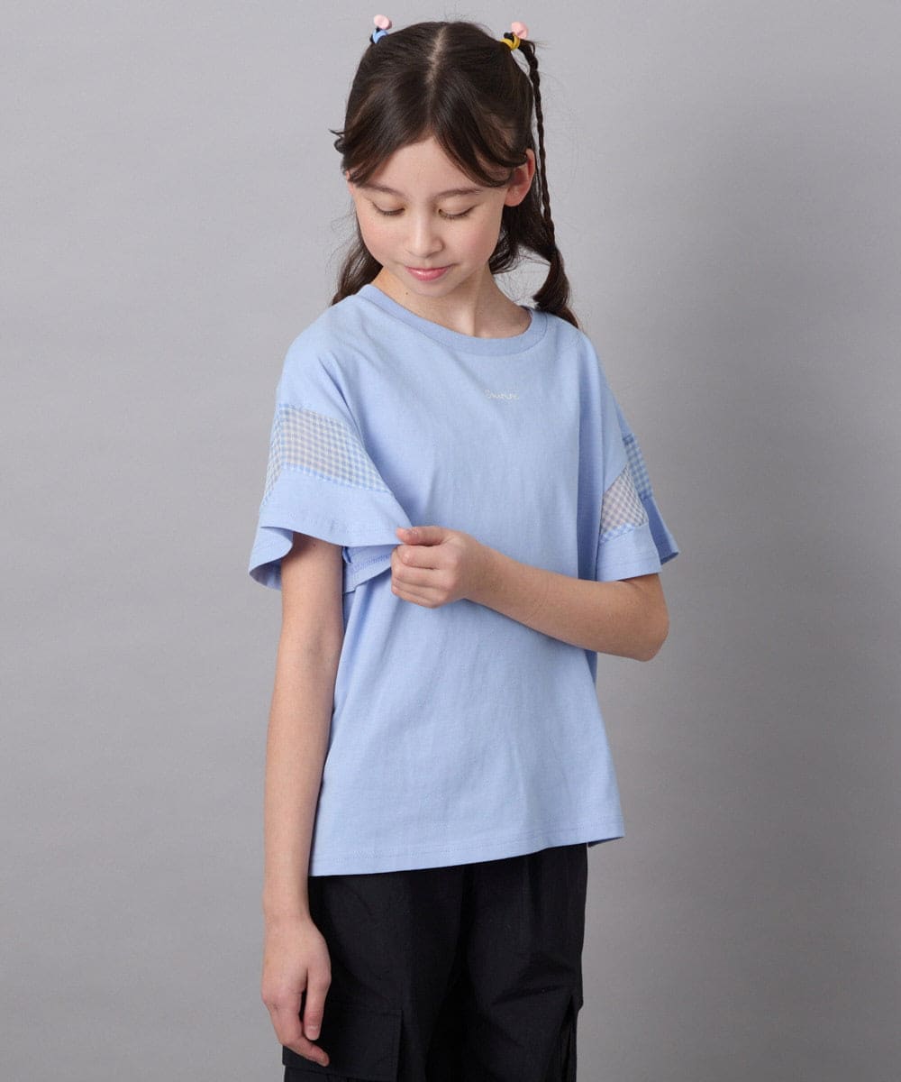 KJKGC23021 a.v.v KIDS(アー・ヴェ・ヴェ) [160]シアーギンガムキリカエスリーブＴシャツ ライトブルー