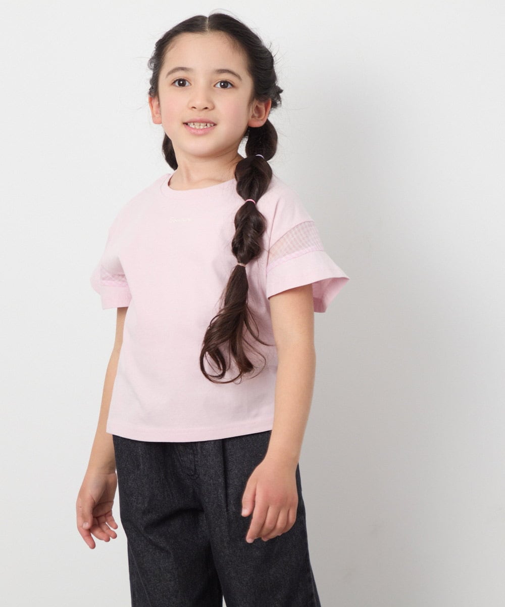 KJKGC23021 a.v.v KIDS(アー・ヴェ・ヴェ) [160]シアーギンガムキリカエスリーブＴシャツ ライトブルー