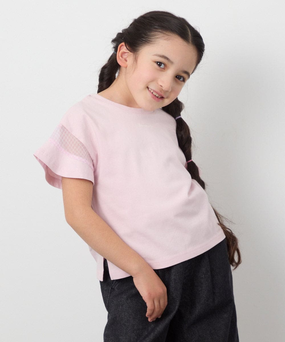 KJKGC23021 a.v.v KIDS(アー・ヴェ・ヴェ) [160]シアーギンガムキリカエスリーブＴシャツ ライトブルー