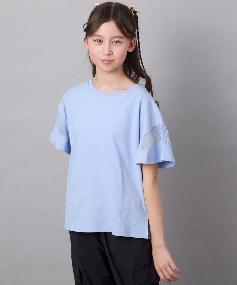 KJKGC23021 a.v.v KIDS(アー・ヴェ・ヴェ) [160]シアーギンガムキリカエスリーブＴシャツ ライトブルー