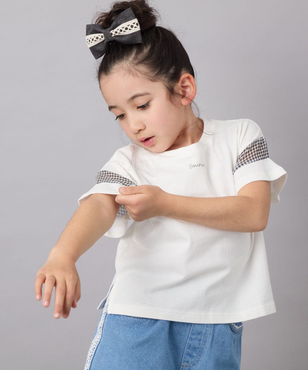 KJKGC23021 a.v.v KIDS(アー・ヴェ・ヴェ) [160]シアーギンガムキリカエスリーブＴシャツ ライトブルー