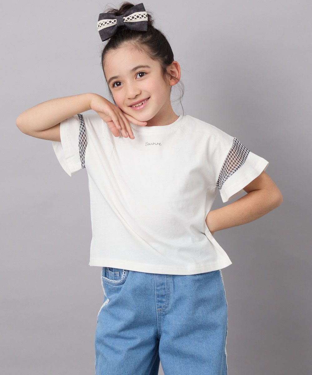KJKGC23021 a.v.v KIDS(アー・ヴェ・ヴェ) [160]シアーギンガムキリカエスリーブＴシャツ ライトブルー