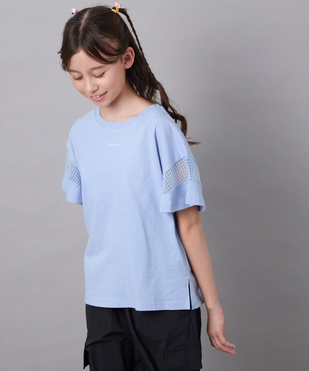 KJKGC23021 a.v.v KIDS(アー・ヴェ・ヴェ) [160]シアーギンガムキリカエスリーブＴシャツ ライトブルー