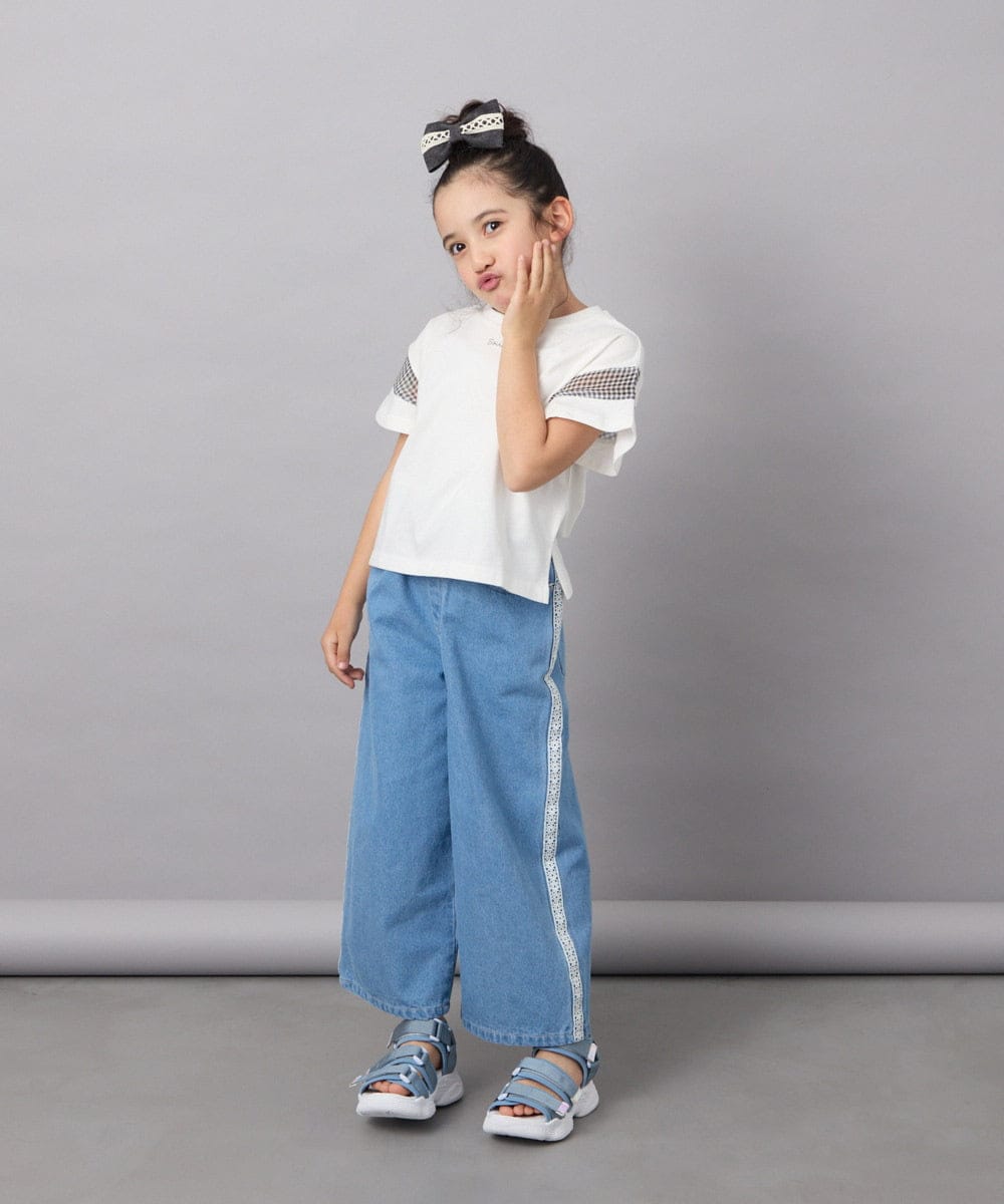 KJKGC23021 a.v.v KIDS(アー・ヴェ・ヴェ) [160]シアーギンガムキリカエスリーブＴシャツ ライトブルー