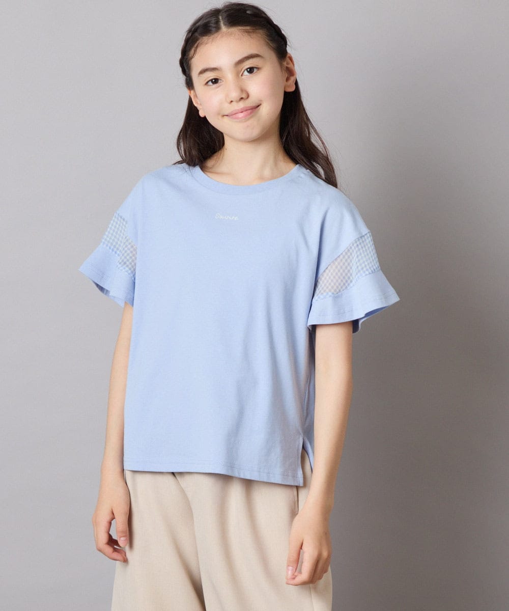 KJKGC23021 a.v.v KIDS(アー・ヴェ・ヴェ) [160]【接触冷感】シアーギンガムキリカエスリーブＴシャツ ライトブルー