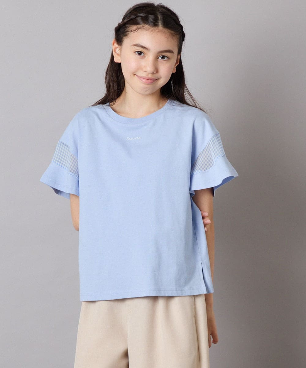 KJKGC23021 a.v.v KIDS(アー・ヴェ・ヴェ) [160]【接触冷感】シアーギンガムキリカエスリーブＴシャツ ライトブルー