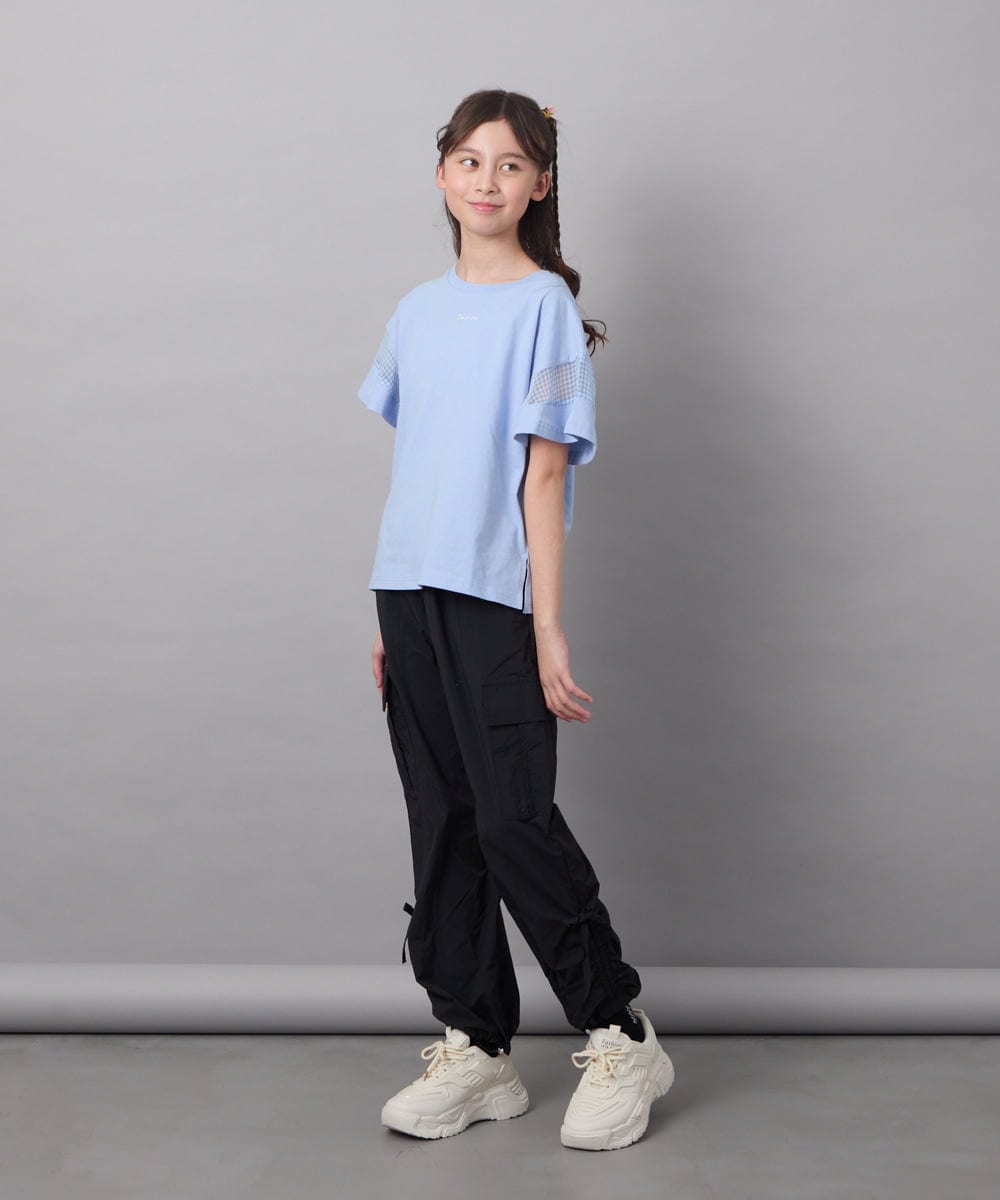 KJKGC23021 a.v.v KIDS(アー・ヴェ・ヴェ) [160]シアーギンガムキリカエスリーブＴシャツ ライトブルー