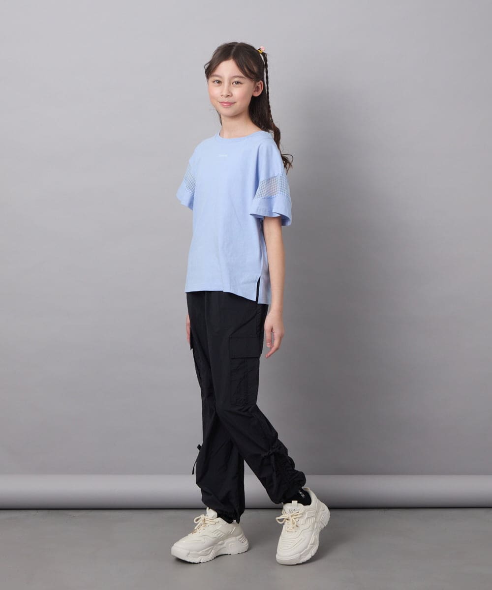 KJKGC23021 a.v.v KIDS(アー・ヴェ・ヴェ) [160]シアーギンガムキリカエスリーブＴシャツ ライトブルー