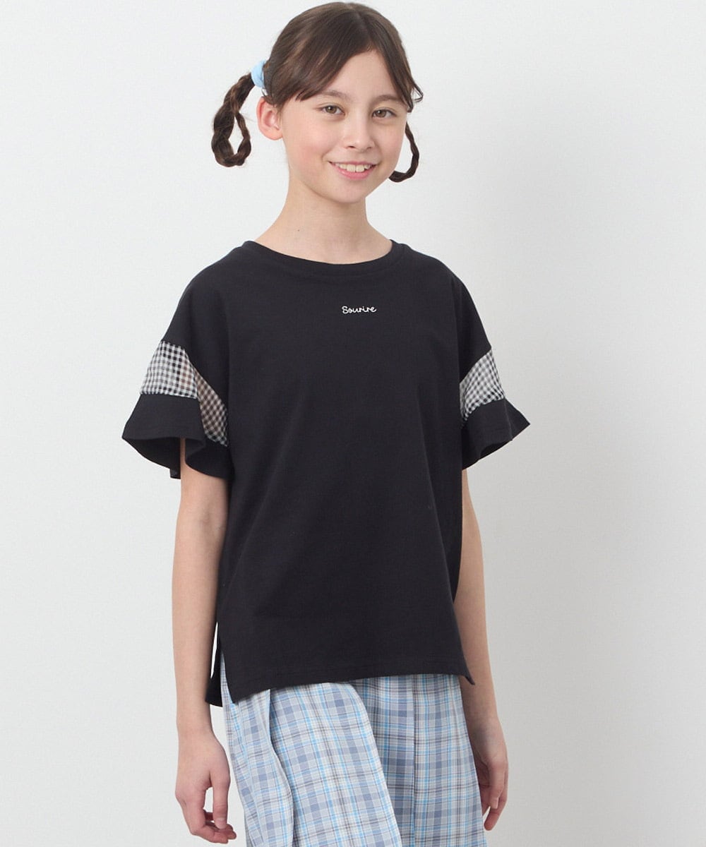 KJKGC23021 a.v.v KIDS(アー・ヴェ・ヴェ) [160]シアーギンガムキリカエスリーブＴシャツ ライトブルー