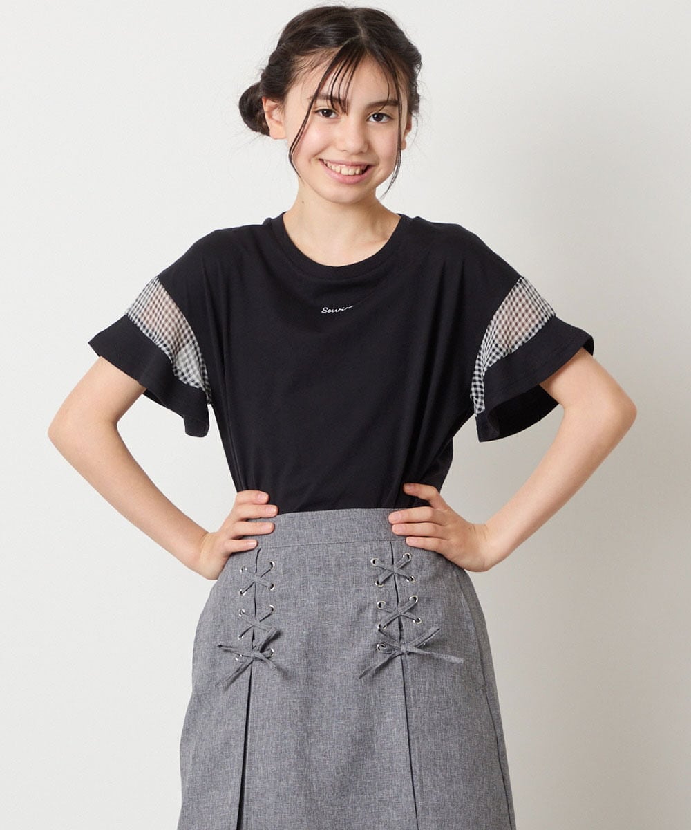 KJKGC23021 a.v.v KIDS [160]【接触冷感】シアーギンガムキリカエスリーブＴシャツ