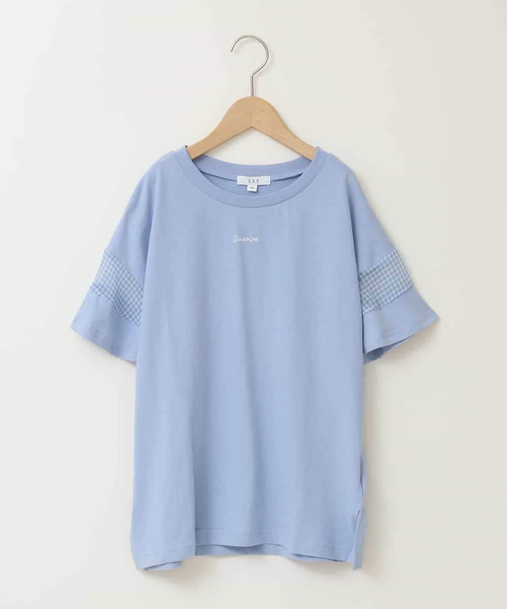 KJKGC23021 a.v.v KIDS(アー・ヴェ・ヴェ) [160]シアーギンガムキリカエスリーブＴシャツ ライトブルー