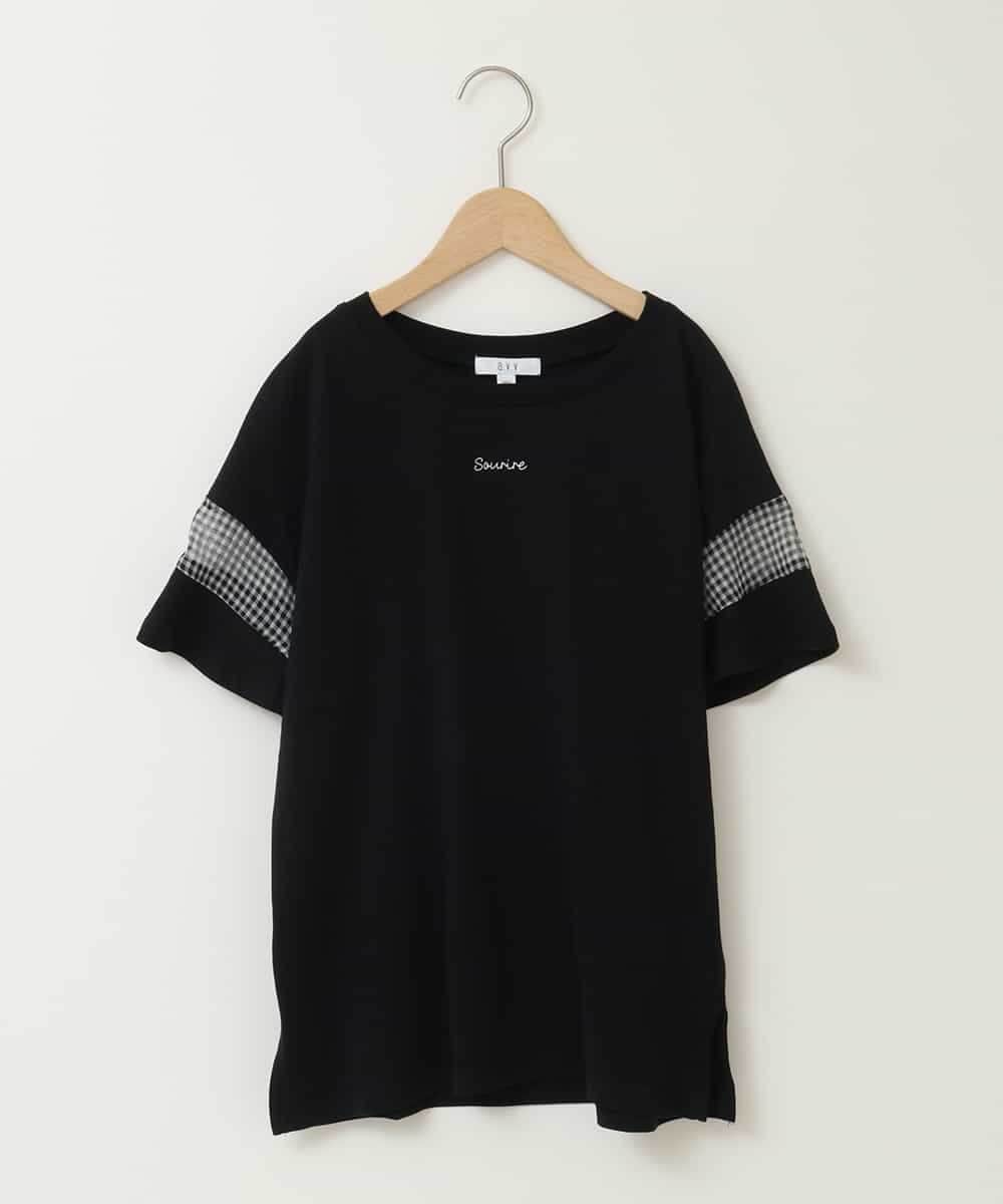 KJKGC23021 a.v.v KIDS(アー・ヴェ・ヴェ) [160]シアーギンガムキリカエスリーブＴシャツ ブラック