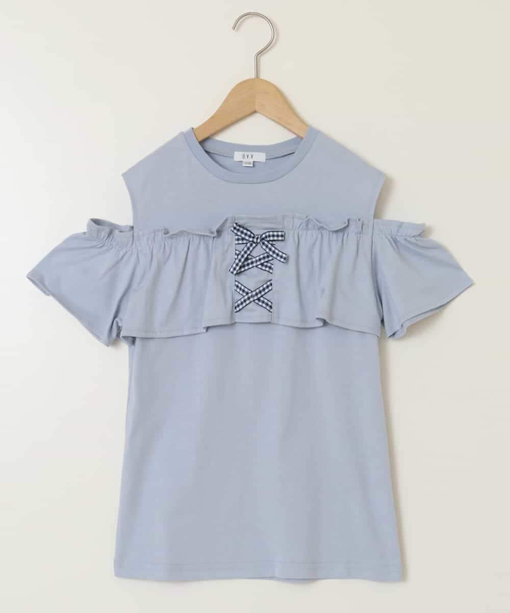 KJKGC51034 a.v.v KIDS(アー・ヴェ・ヴェ) 【接触冷感/ジメジメ対策】[160]フリルオフショルTシャツ ライトブルー