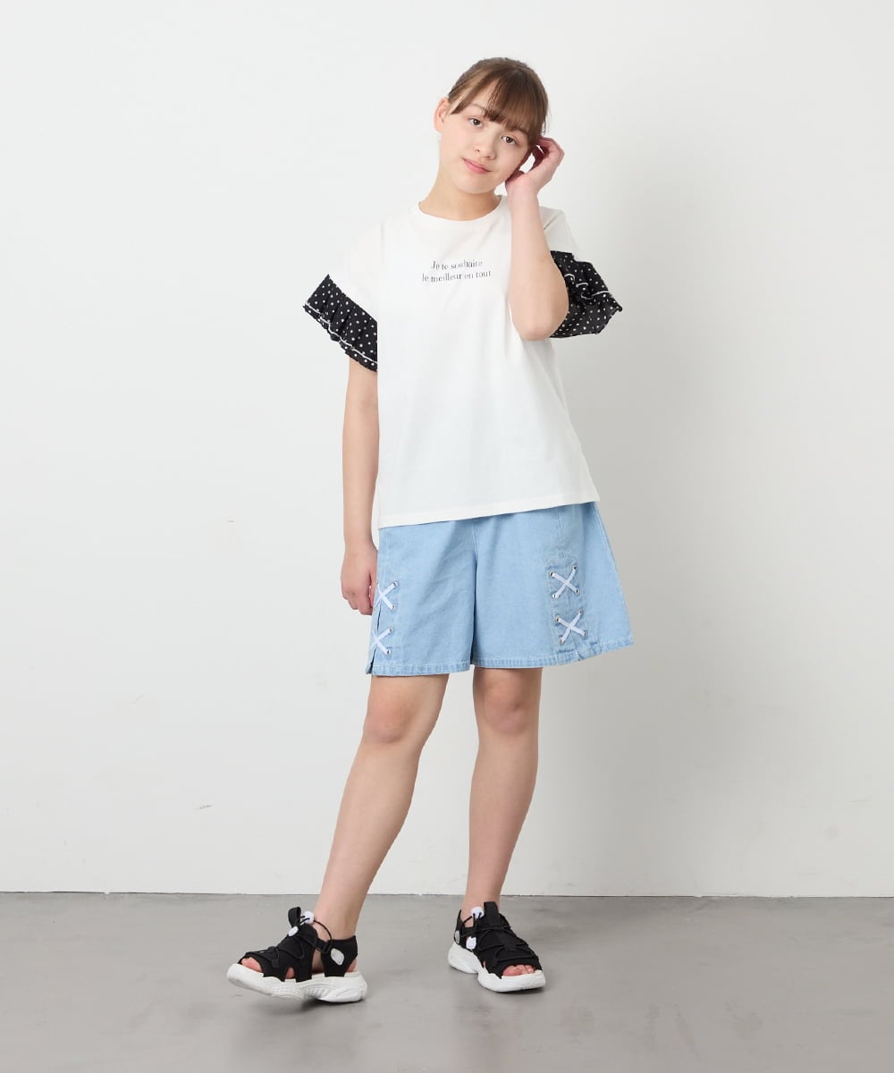 KJKGD01015 a.v.v KIDS(アー・ヴェ・ヴェ) [110-160]【WEB限定】ドットチュール袖Tシャツ ホワイト