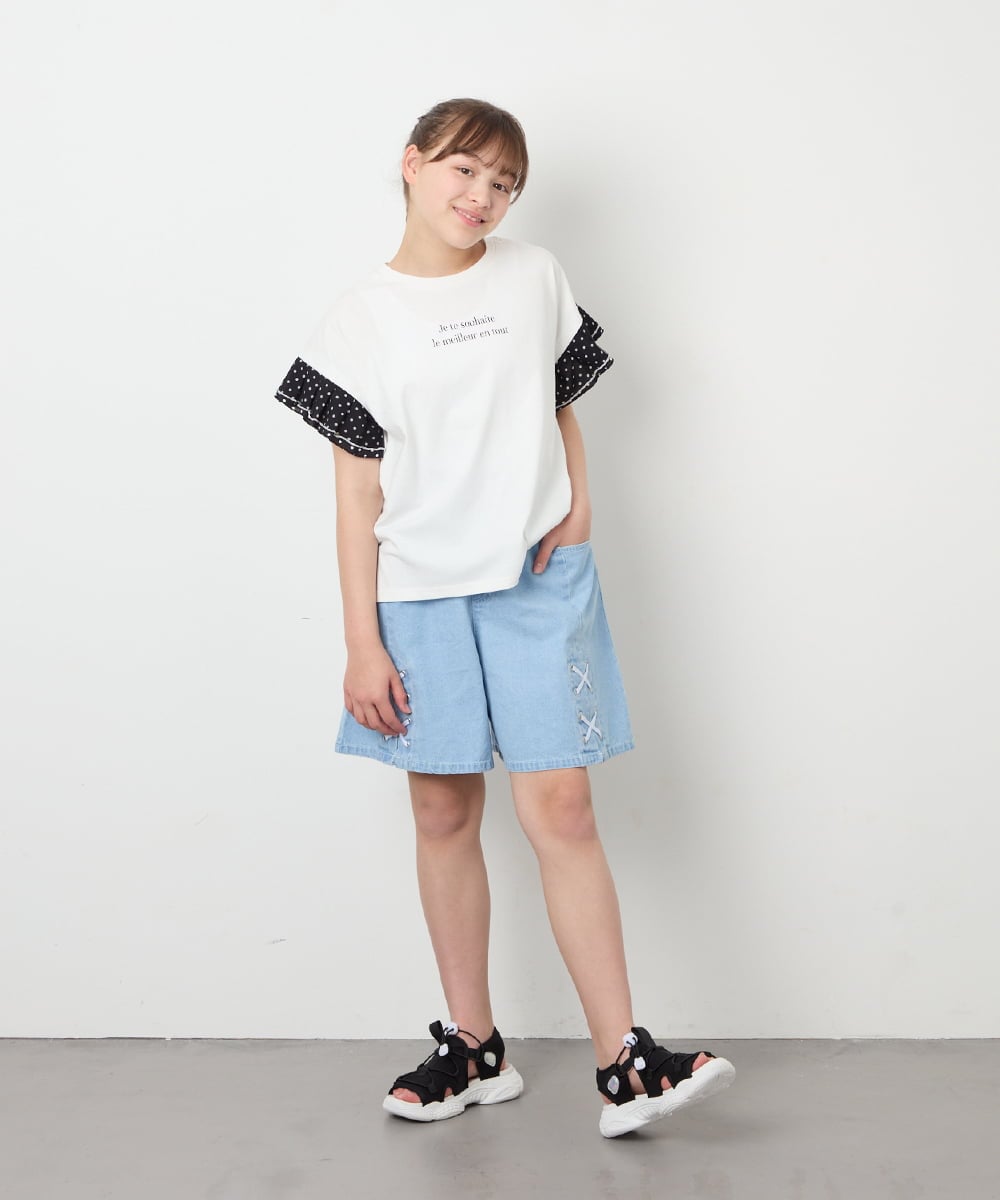 KJKGD01015 a.v.v KIDS(アー・ヴェ・ヴェ) [110-160]【WEB限定】ドットチュール袖Tシャツ ホワイト