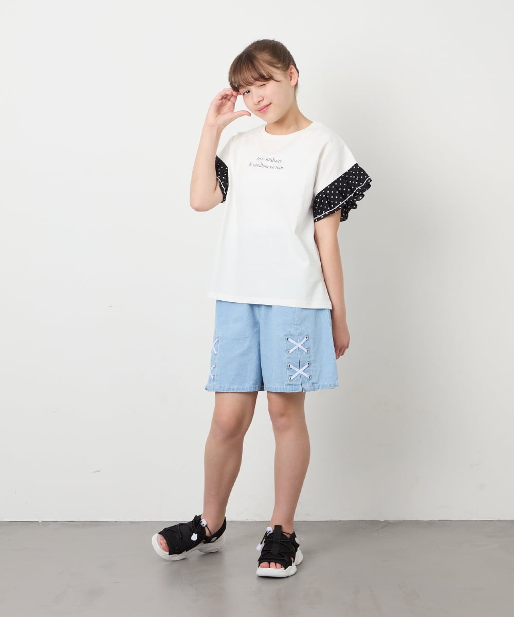 KJKGD01015 a.v.v KIDS(アー・ヴェ・ヴェ) [110-160]【WEB限定】ドットチュール袖Tシャツ ホワイト