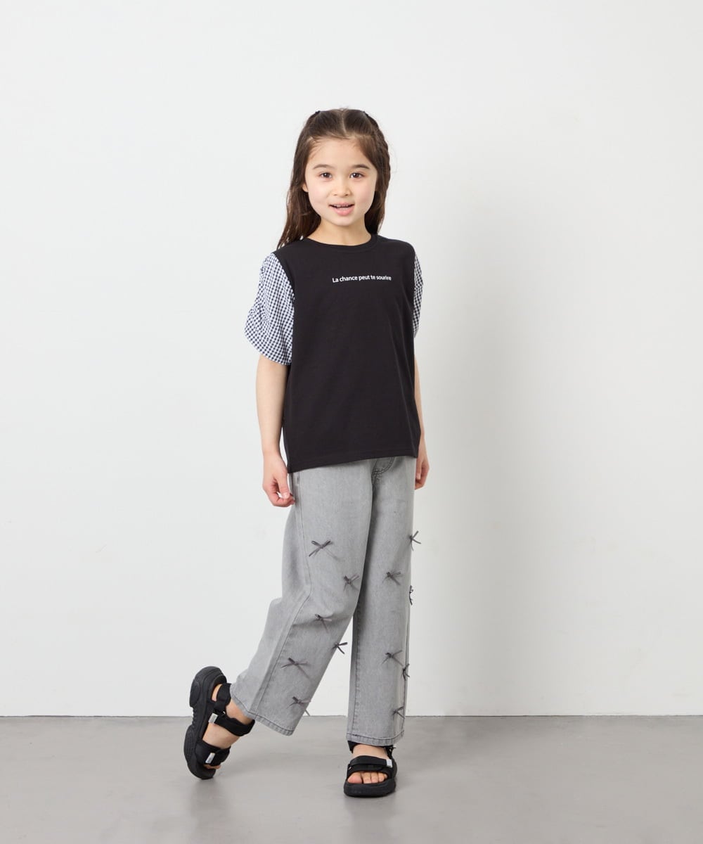 KJKGD42015 a.v.v KIDS(アー・ヴェ・ヴェ) [110-160]【WEB限定】シアーギンガムスリーブTシャツ ブラック