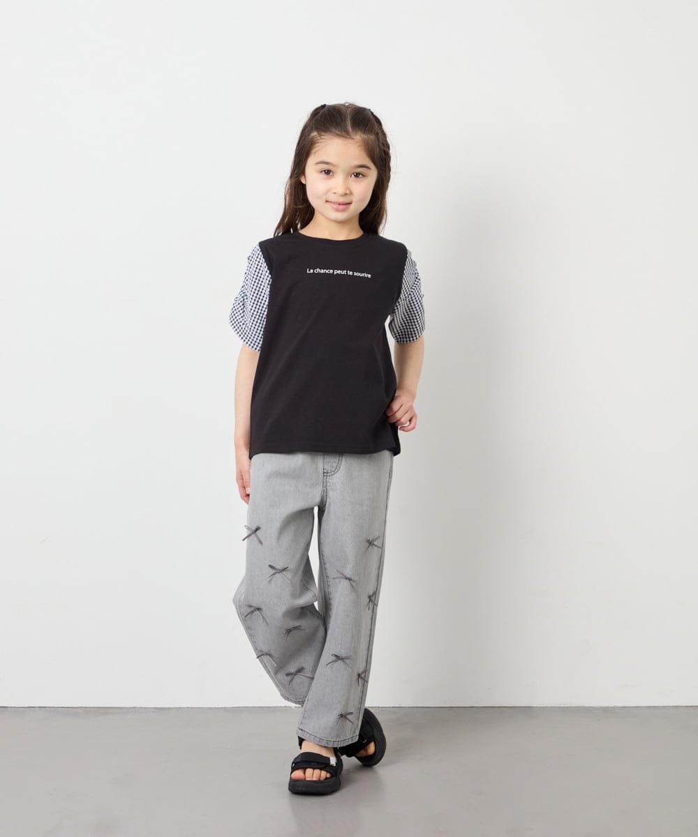 KJKGD42015 a.v.v KIDS(アー・ヴェ・ヴェ) [110-160]【WEB限定】シアーギンガムスリーブTシャツ ブラック