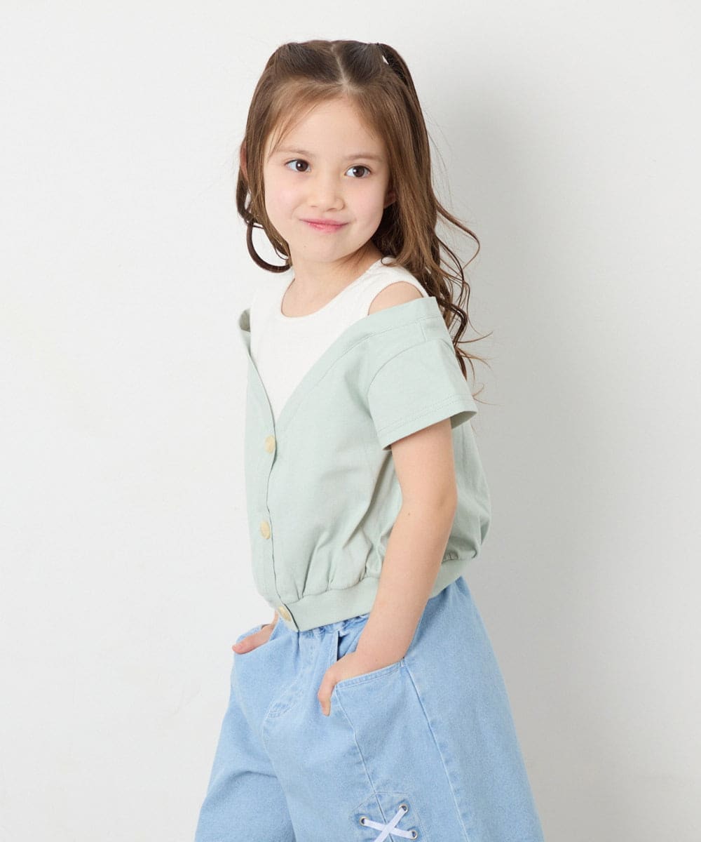 KJKGD55035 a.v.v KIDS(アー・ヴェ・ヴェ) [120-160]オフショルドッキングTシャツ グリーン