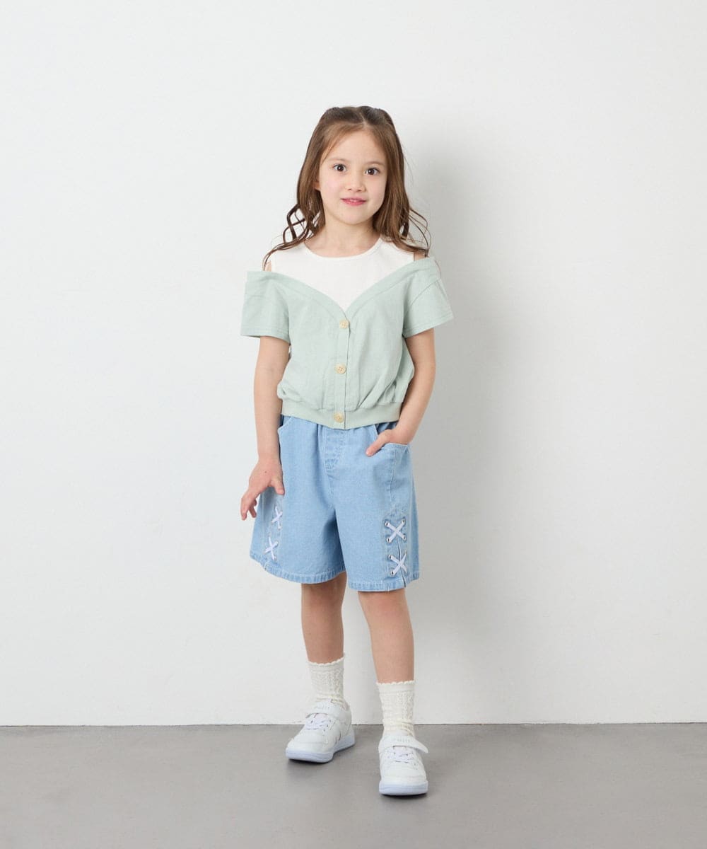 KJKGD55035 a.v.v KIDS(アー・ヴェ・ヴェ) [120-160]オフショルドッキングTシャツ グリーン