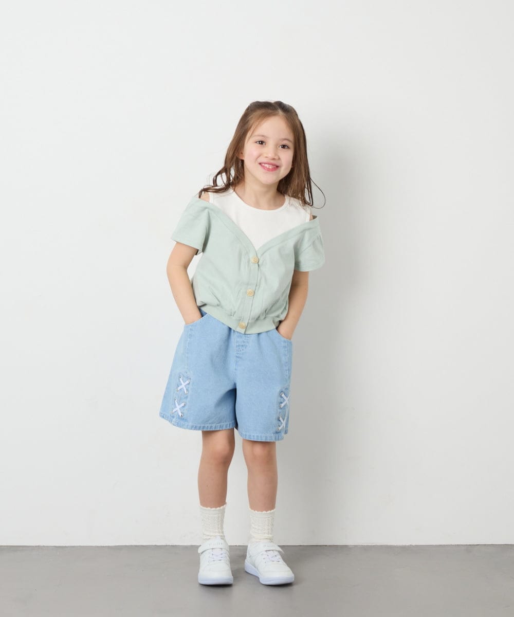 KJKGD55035 a.v.v KIDS(アー・ヴェ・ヴェ) [120-160]オフショルドッキングTシャツ グリーン