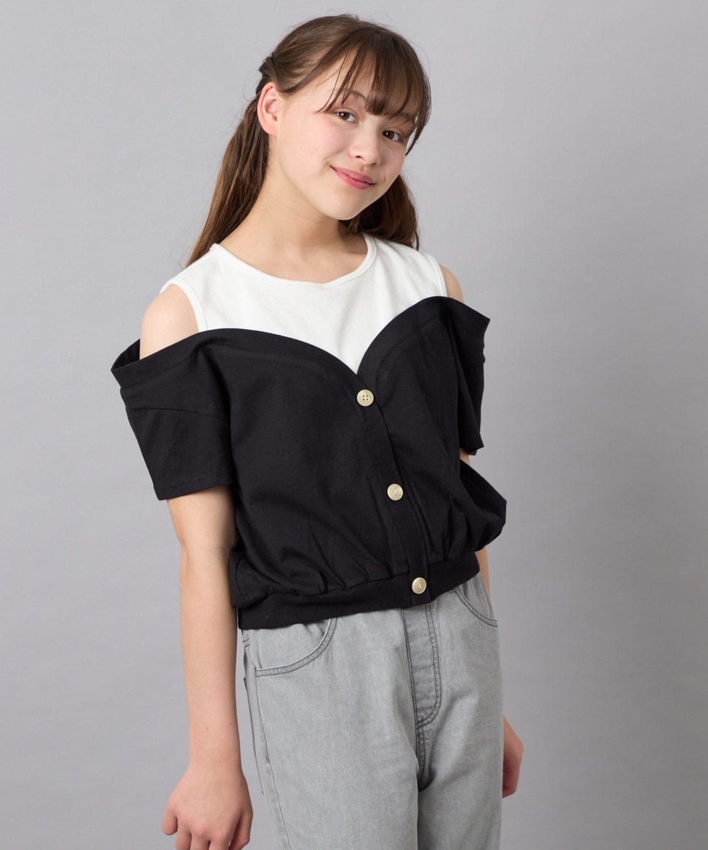 KJKGD55035 a.v.v KIDS(アー・ヴェ・ヴェ) [120-160]オフショルドッキングTシャツ ブラック