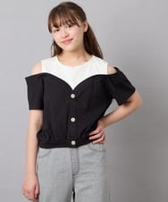 KJKGD55035 a.v.v KIDS(アー・ヴェ・ヴェ) [120-160]オフショルドッキングTシャツ ブラック