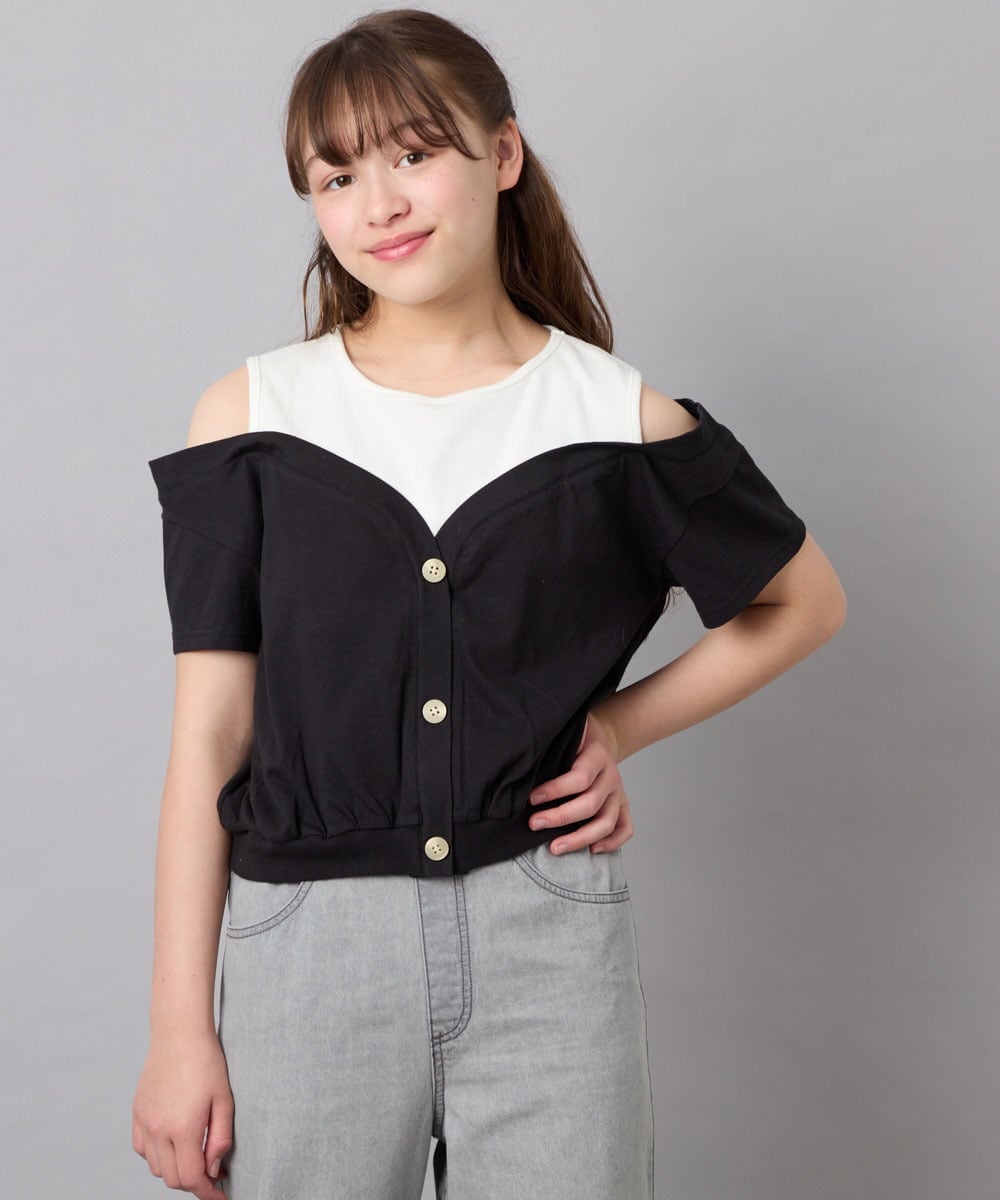 KJKGD55035 a.v.v KIDS(アー・ヴェ・ヴェ) [120-160]オフショルドッキングTシャツ ブラック