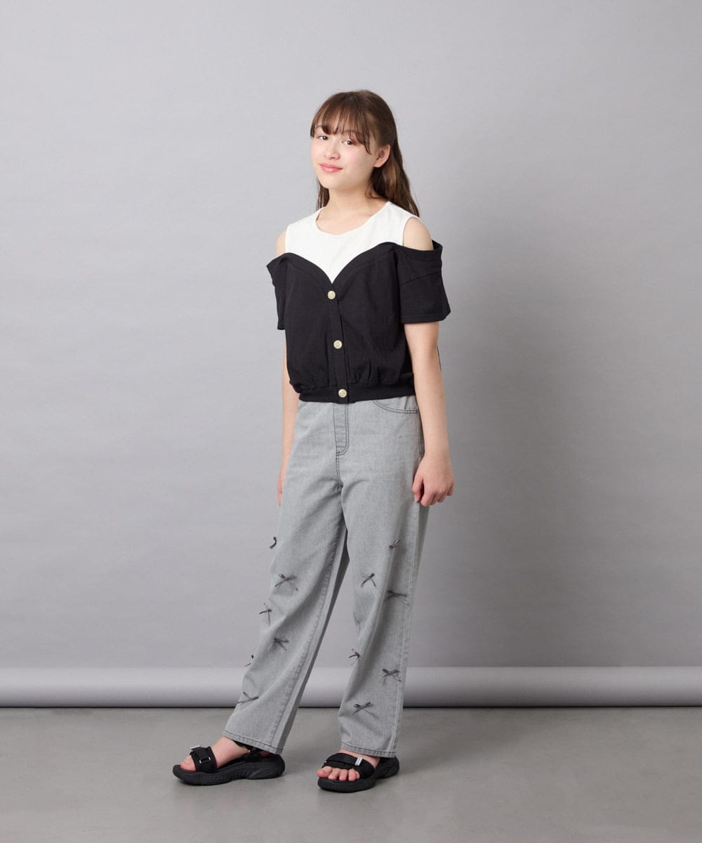 KJKGD55035 a.v.v KIDS(アー・ヴェ・ヴェ) [120-160]オフショルドッキングTシャツ ブラック