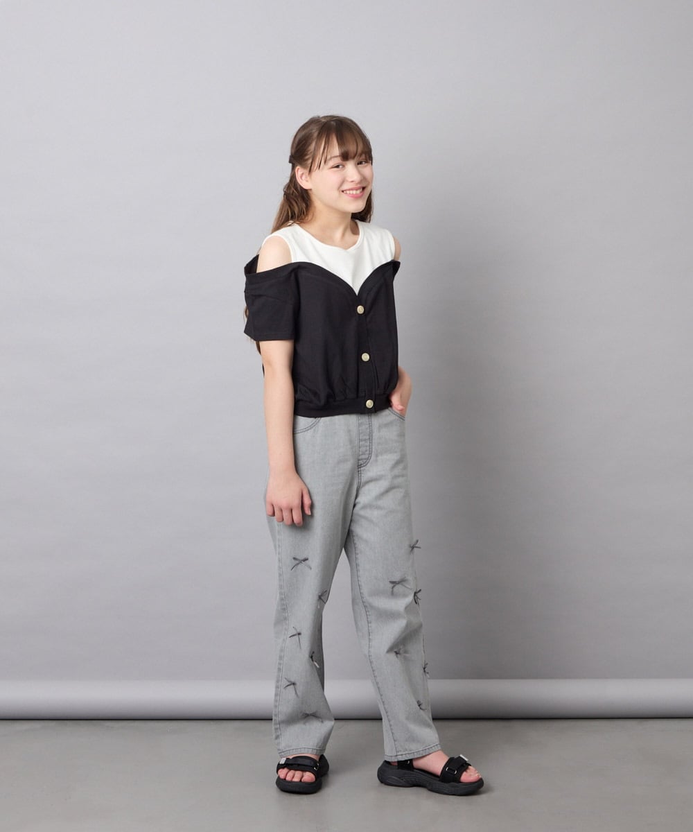 KJKGD55035 a.v.v KIDS(アー・ヴェ・ヴェ) [120-160]オフショルドッキングTシャツ ブラック