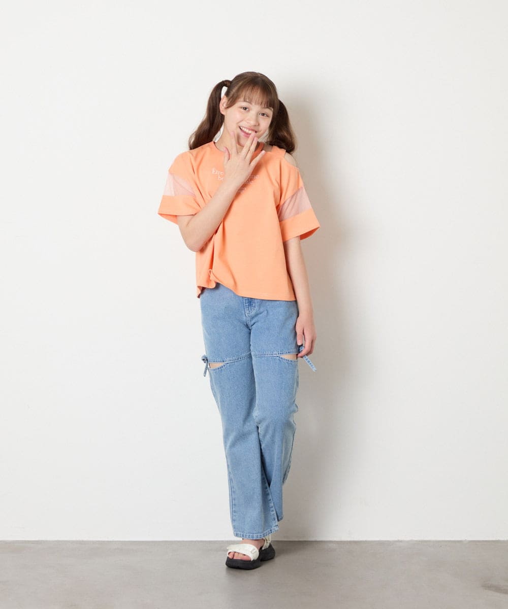 KJKGD65035 a.v.v KIDS(アー・ヴェ・ヴェ) [120-160]アシメ肩シアーTシャツ オレンジ