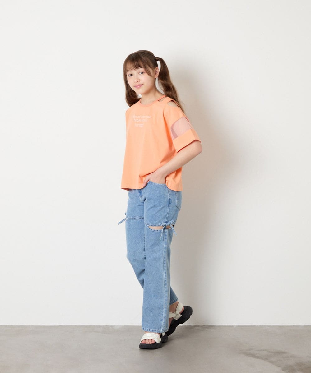 KJKGD65035 a.v.v KIDS(アー・ヴェ・ヴェ) [120-160]アシメ肩シアーTシャツ オレンジ